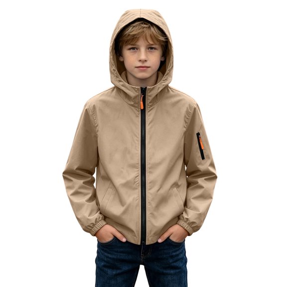 BXJX Boys Rain Jackets Size 8, Water Resistant Windproof Full Zip Hooded Windbreaker with Pockets Khaki