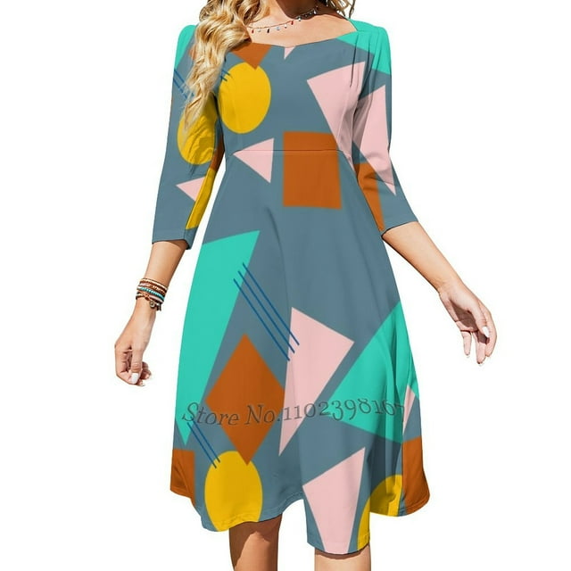Retro Pattern With Blue Flare Dress Square Neck Dress Elegant Female Fashion Printed Dress Retro Pattern Short Dress Y2K