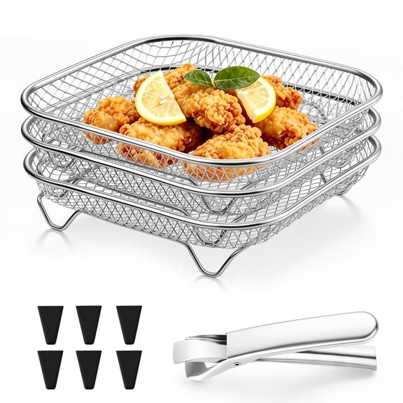 Walchoice 7.7 Inch Square Air Fryer Rack, 3 Layers Stackable Dehydrator Racks with Clamp and 8 Silicone Feet, Stainless Steel Air Fryer Accessories for Normal Oven Pot, Oven & Dishwasher Safe