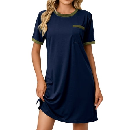 

Glonme Women Nightgown Solid Color Pajama Short Sleeve Sleep Dress Nightshirt Lounge Night Gowns Soft Crew Neck Sleepwear Navy Blue 3XL