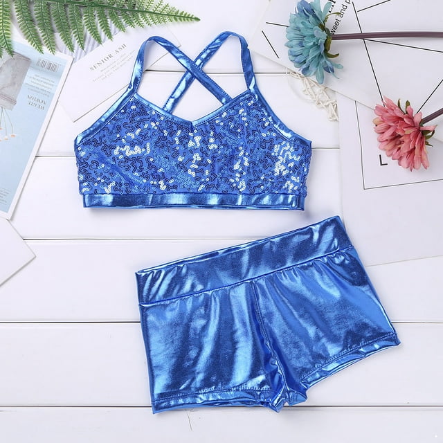 iiniim Girls' Kids 2-Piece Active Set Dance Sport Outfits Racer Back Top and Booty Short Gymnastics Dancing Clothes Light_Blue Sequins 6