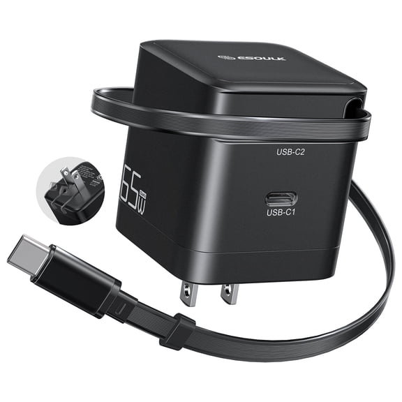 Esoulk 65W Dual USB-C PD 3.0 PPS Wall Charger with Retractable USB-C Cable for Laptops Smartphones
