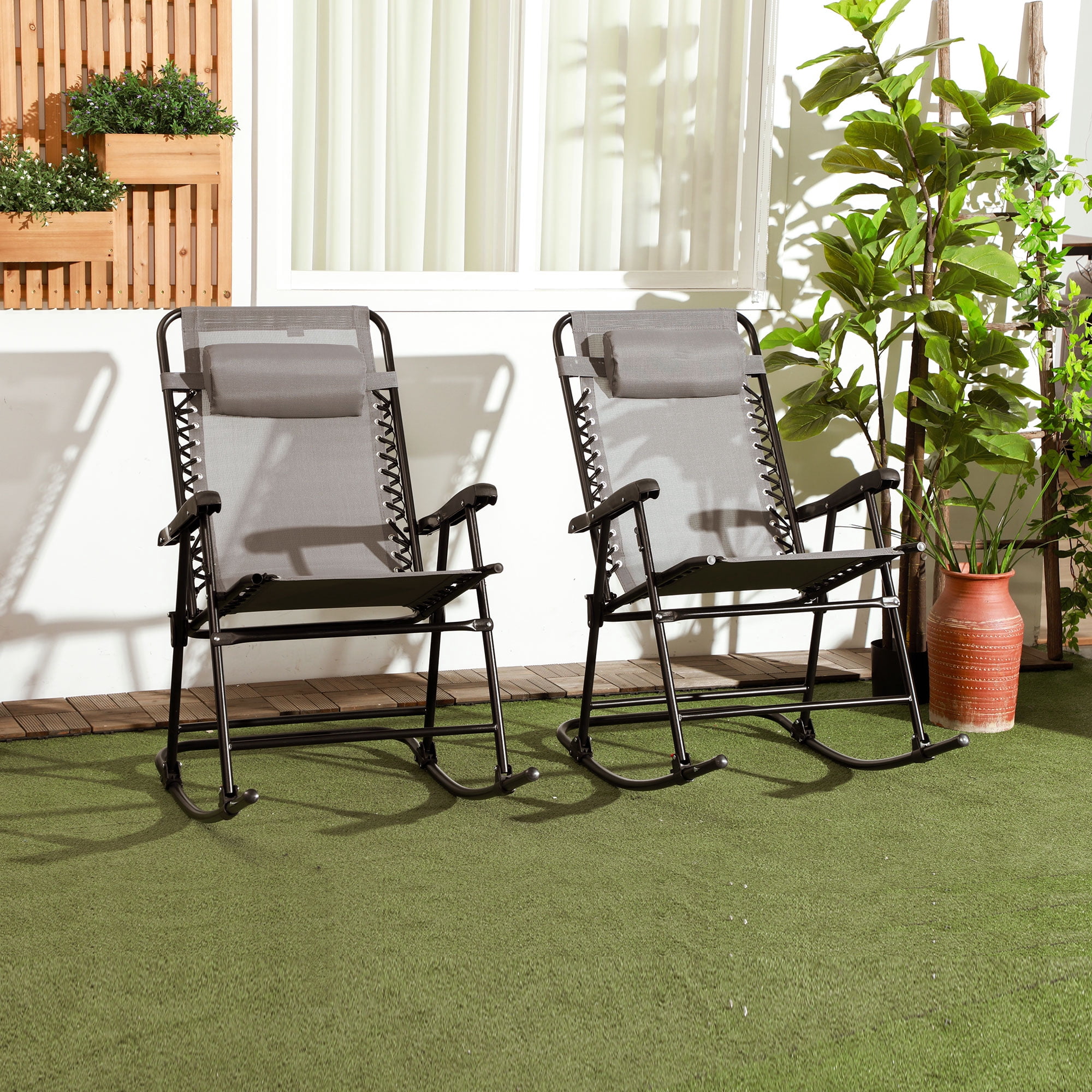2 Piece Outdoor Rocking Chair Set, Patio Folding Lawn Rocker Set with Headrests for Yard, Patio, Deck, Backyard, Gray
