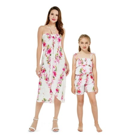 

Matching Hawaiian Luau Mother Daughter Dress and Romper in Pink White Hibiscus Vine