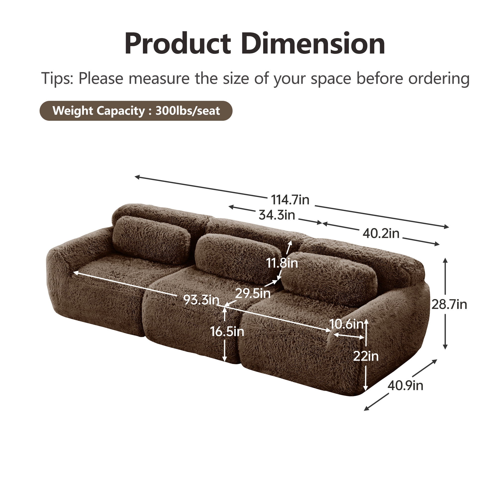Wakefit 114" Modular Sectional Sofa, Boneless Couche 3 Seater Deep Seat Compressed Sofa, No Assembly Required, Soft Fluffy Plush Fabric, Cloud Comfy Sofa Set, Chocolate
