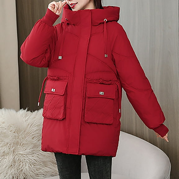 PiGOGI Women's Winter Jacket Hooded Casual Winter Coat Fall Outerwear Red XL