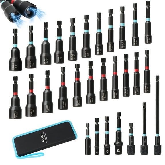 SHALL 29PCS Magnetic Nut Driver Set for Impact Drill, 1/4" Hex Shank Nut Driver Bit, SAE & Metric Cr-V Steel
