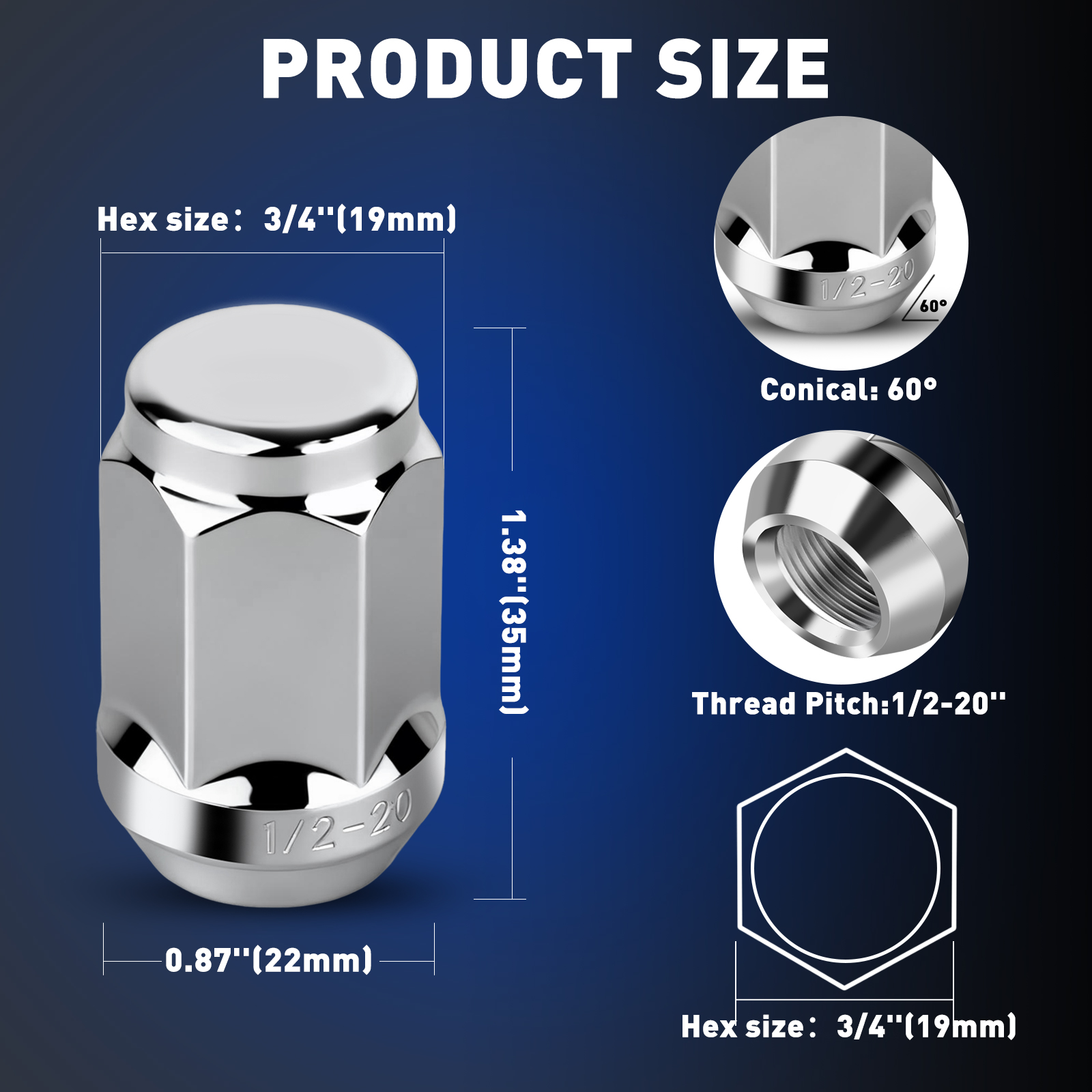 20PCS 1/2-20 Closed End Lug Nuts,1.38'' Tall 19mm Hex,Replacement for Jeep1987-2018 Wrangler, 1991-2019 Ford Explorer,1994-2001 Dodge Ram 1500 and More Aftermarket Wheels-1/2-20 Bulge Acorn Lug Nut.