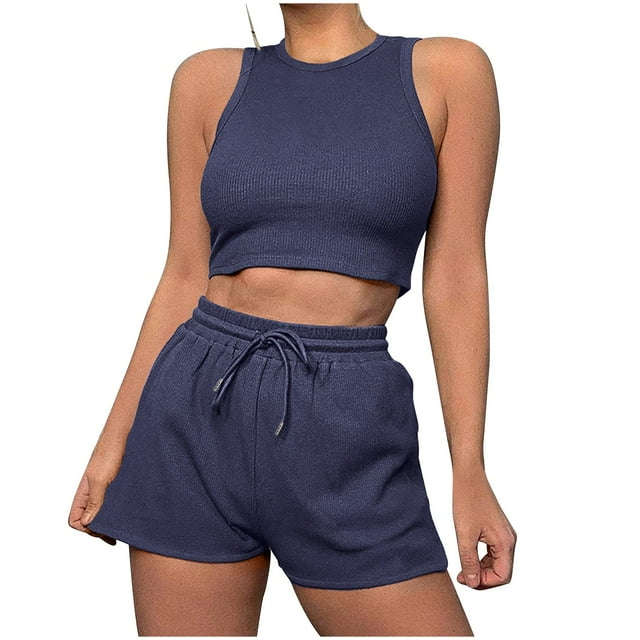 ShomPort Womens 2PC Matching Set Sleeveless Round Collar Crop Tops High Elastic Waisted Drawstring Shorts Comfort Athletic Outfits