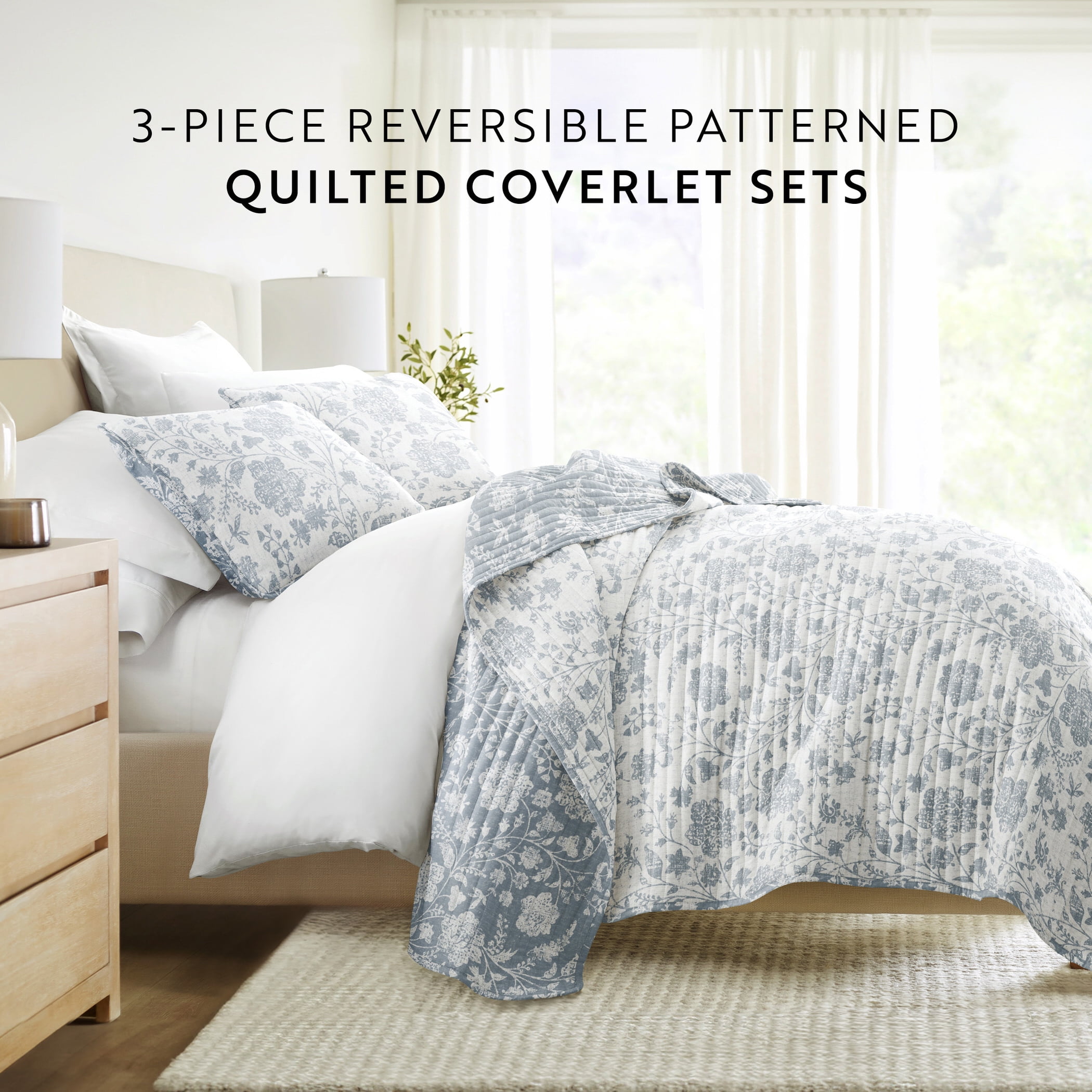 Noble Linens 3-Piece Light Blue Textured Floral Reversible Quilt Set, Twin