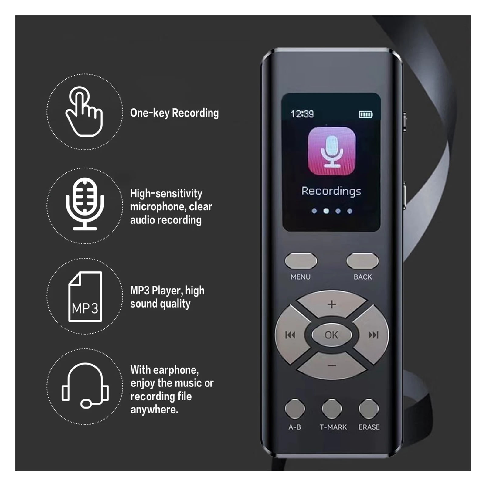 Digital Voice Recorder with Microphone Loop Playback MP3 2-Channel Stereo Recording Recorder