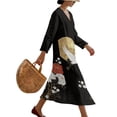 thumbnail image 3 of DISNIMO Crane Flower Printed Linen Style Women 2026 Summer Maxi Dress Casual Loose Dresses for Women 3/4 Sleeve V Neck Shift Dress Fashion Long Midi Dresses, M, 3 of 6