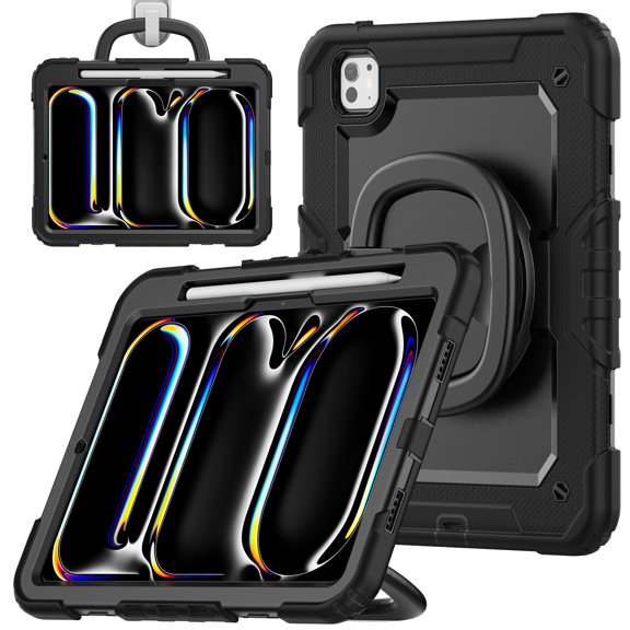 Dteck Kids Full Body Protection Case for iPad Pro 13 inch 2024,Heavy Duty Silicone Case 360 Degree Rotating Handle Stand Cover with Screen Protector for iPad Pro 13-in. (M4) 2024, Black