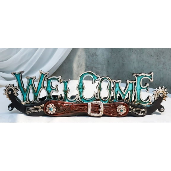 Rustic Western Cowboy Boot Spurs Buckle Turquoise Welcome Sign Desktop Figurine