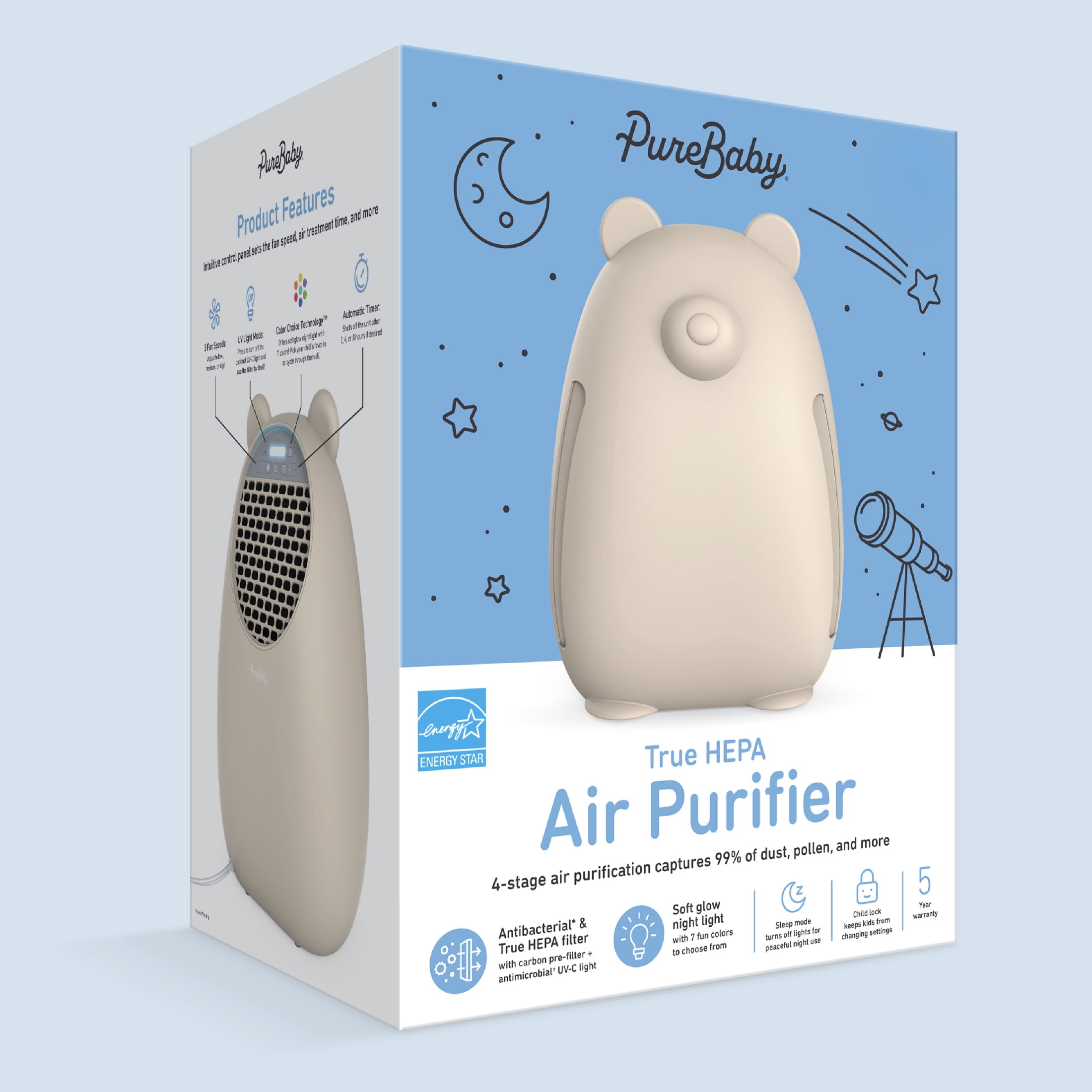 Pure Enrichment PureBaby Kids Bear Air Medium-Large Rooms True HEPA Air Purifier, Sweet Oat