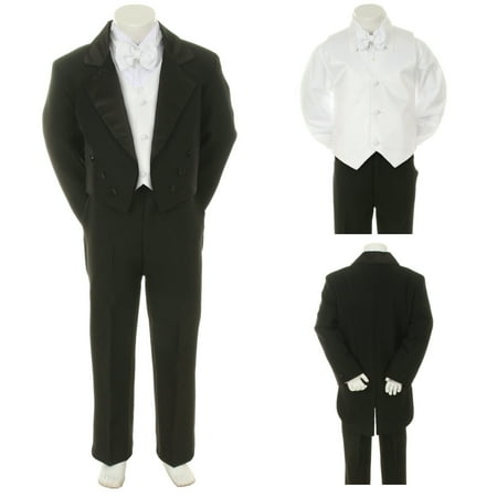 

5pc Boy Suit Black and White Vest Bow Tie Tail Tuxedo Baby Toddler Kid Teen S-20