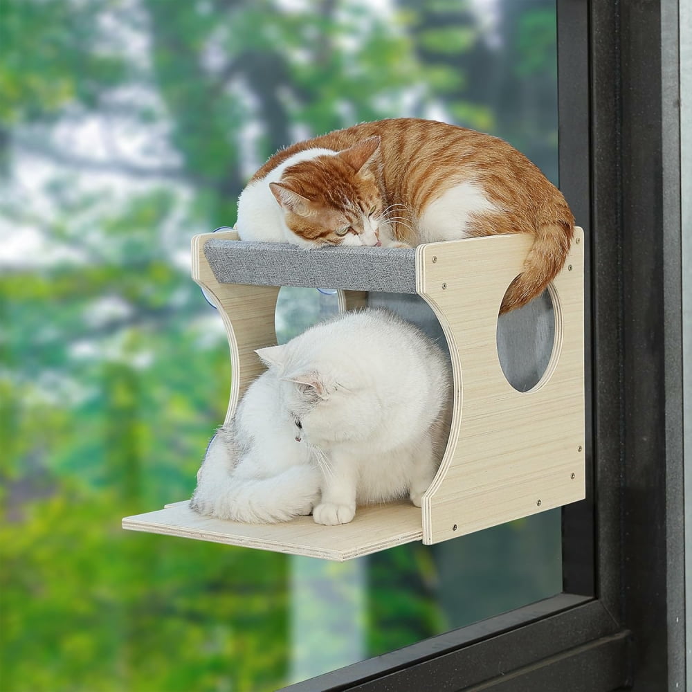 MIDODO Window Cat Perch, Sturdy Wood Cat Window Hammock with Heavy Duty Suction Cups, Cat Bed for Overlooking & Sleeping (Left)