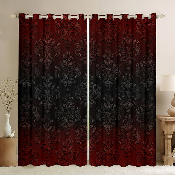 Homewish Rustic Victorian Floral Black Out Curtains,Red Black Damask Curtains Pack of 2 (42x63 Each),Baroque Flower Bedroom Curtains For Adult,Breathable Home Decor