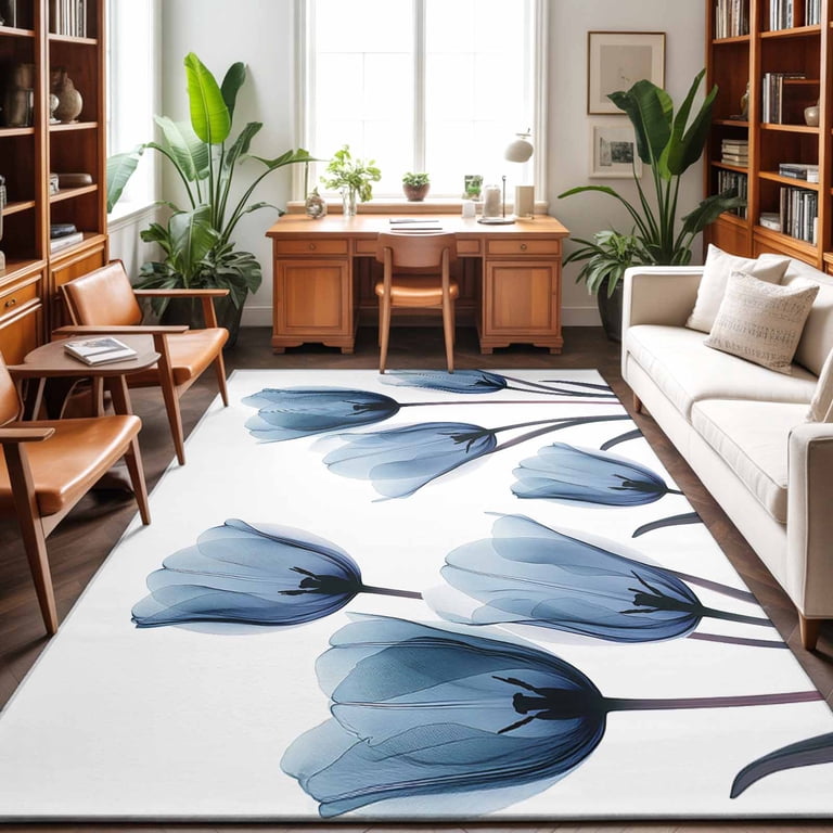 5x7 Blue Tulip Area Rug for Living Room, Washable Non Slip Low