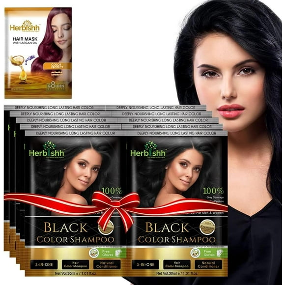 Champú tinte capilar Herbishh con Mascarilla capilar de Argan Tamaño de Viaje 10+1 pack Negro