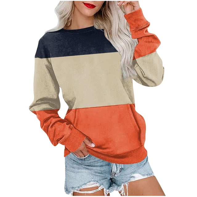 HKEJIAOI Chandails en Molleton pour Femmes Col Rond Bloc de Couleur Poids Moyen Manches Longues