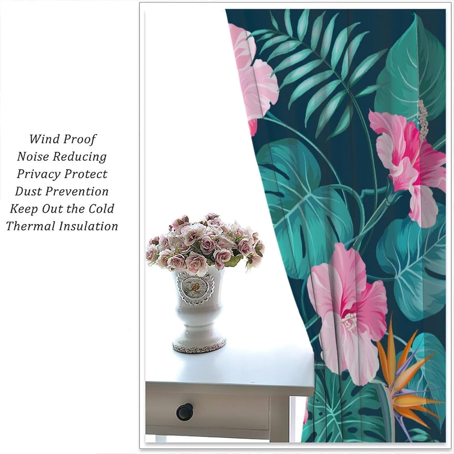 Tropical Curtains Green Palm Leaves Pink and Yellow Flowers Blackout Print Rod Pocket Window Drapes for Bedroom Living Room 52x84in