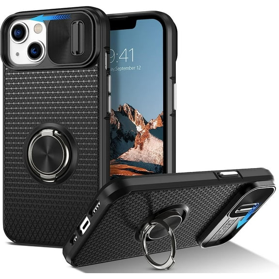 iPhone 13 Case/iPhone 14 Case with Slide Camera Cover with 360° Ring Holder Kickstand Military-Grade Drop Protection Hybrid Hard PC TPU Protective Phone Case Anti-Slip Matte Textured, Black