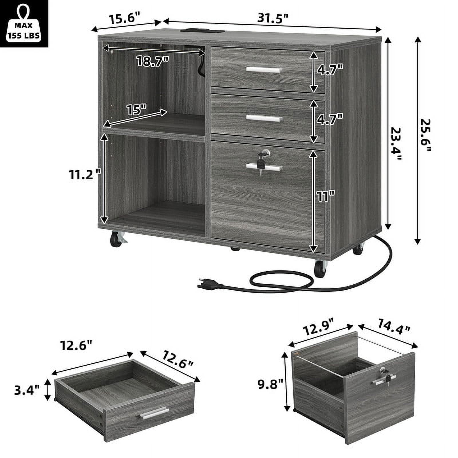 Uforic 3 Drawer File Cabinet with Charging Station& Lock, Mobile Lateral Filing Cabinet with LED Light & Open Storage Shelf, Rolling Printer Stand for Office,Gray