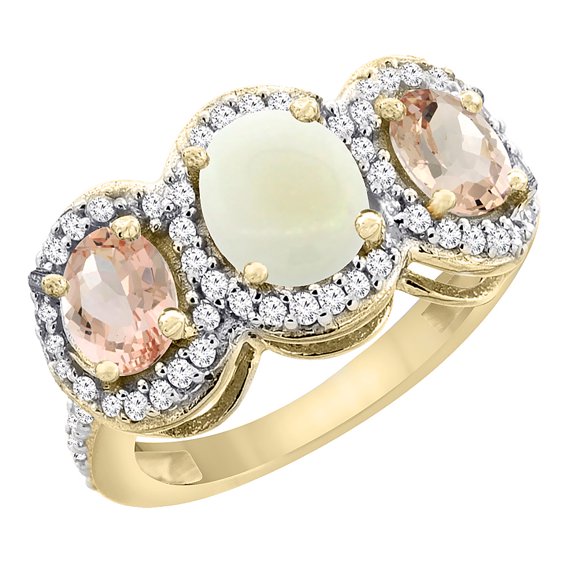 14K Yellow Gold Natural Opal & Morganite 3-Stone Ring Oval Diamond Accent, size 8