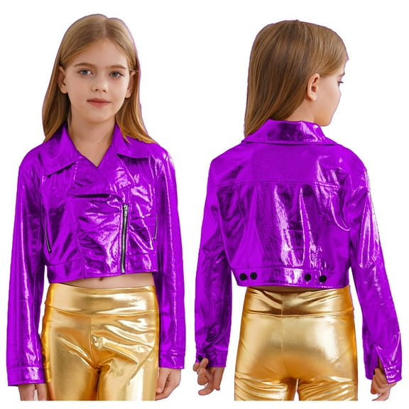 LiiYii Girls Metallic Jacket Kids Motorcycle Biker Coat Long Sleeve Modern Hip Hop Jazz Dance Tops Outwear Purple 10