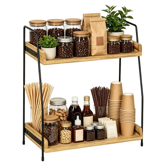 WLGJL Countertop Coffee Station Organizer, 2 Tier Wooden Shelf for Coffee Bar Accessories, Condiment Storage Caddy for Kitchen, Home, Office - Brown