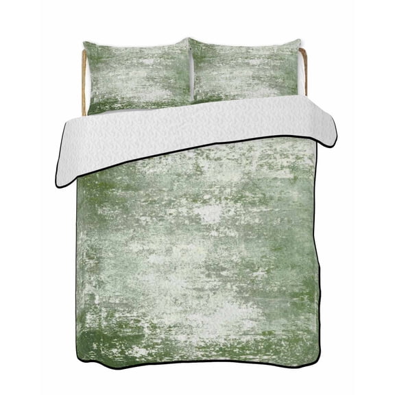 Twin Quilt Bedding Set, Shabby Sage Green Reversible Summer Quilt 3 Pieces, Oil Painting Vintage Art Green White Lightweight Bedspreads Coverlets with 2 Pillow Shams for All Seasons