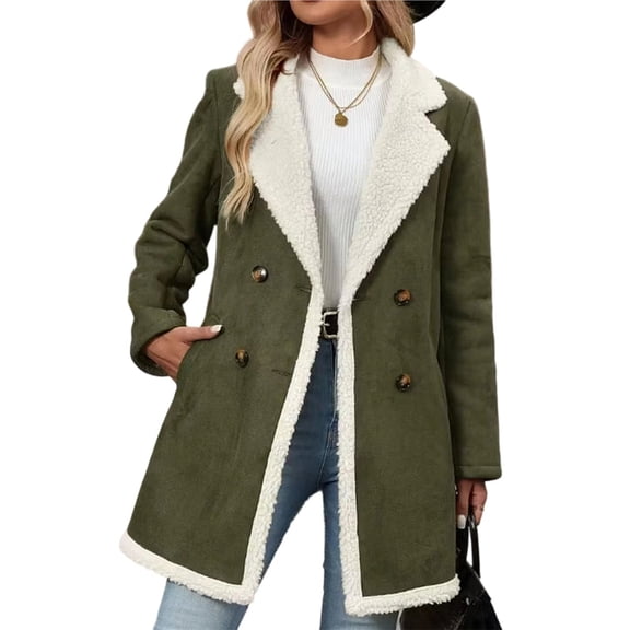 Female Winter -Lined Faux Suede Leather Jacket Oversized -Lapel Mid Long Overcoat Green L