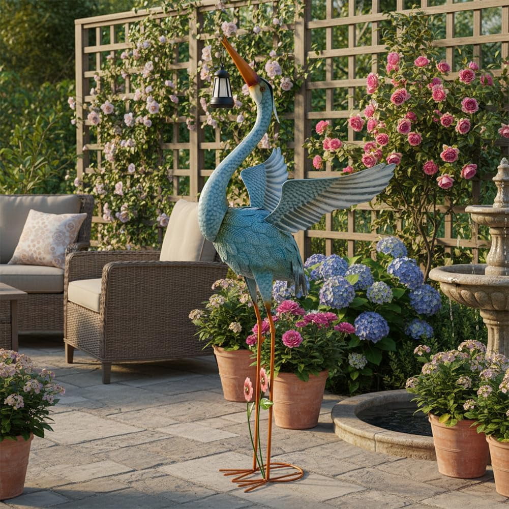 Metal Crane Garden Statue for Outside, Large Heron Outdoor Statues with Leaf Tray, Elegant Crane Yard Art Garden Decor for Garden Yard, Porch