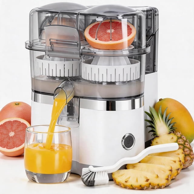 Dual-Head Automatic Citrus Juicer with Built-in Fruit Cutter, Electric Orange Juicer Machine & Lemon Squeezer, One-Touch Juicing for Orange, Lemon, Lime, Grapefruit, Detachable, Easy to Clean (White)