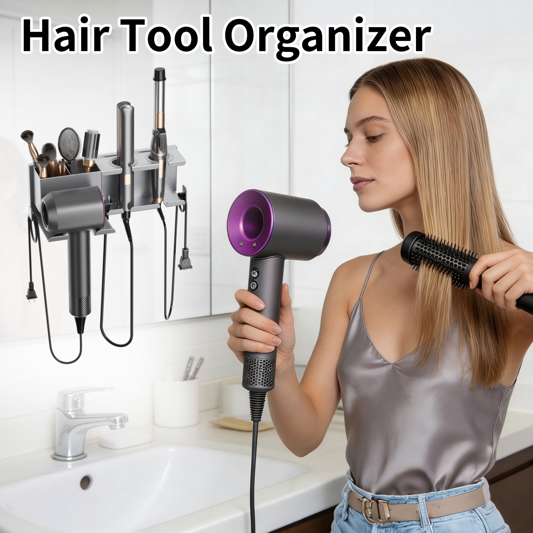 BOIVSHI Hair Dryer Holder Wall Mounted,Blow Dryer Holder for Bathroom, Metal Hair Dryer Rack, Muti-Function Hair Tool Organizer(Gray)