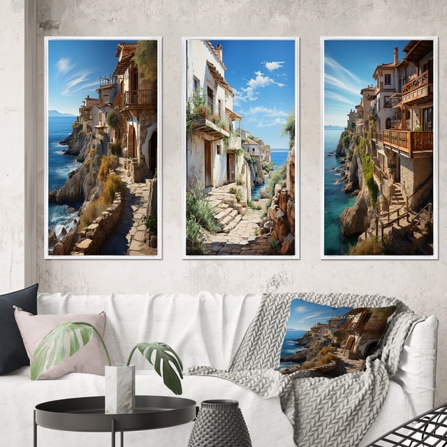 Designart "Dramatic Cliffs Spain s Stunning Landscapes II" Nautical & Beach Framed Wall Art Set Of 3 - Beige Spain Frame Canvas Set For Living Room Decor