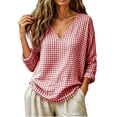 thumbnail image 3 of Bosfbaoi Tops for Women Gingham Plaid V Neck Long Sleeve Womens Tops Loose Curved Hem Casual Blouses, 3 of 7
