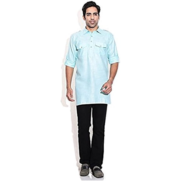 Royal Kurta Men's Linen Cotton Pathani Kurta (Blue)