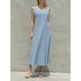 thumbnail image 3 of Cenuakty Women Solid Color Long Dress Solid Color Crew Neck Pockets A-line Dress Summer Casual Beach Party Bohemian Dress, 3 of 9