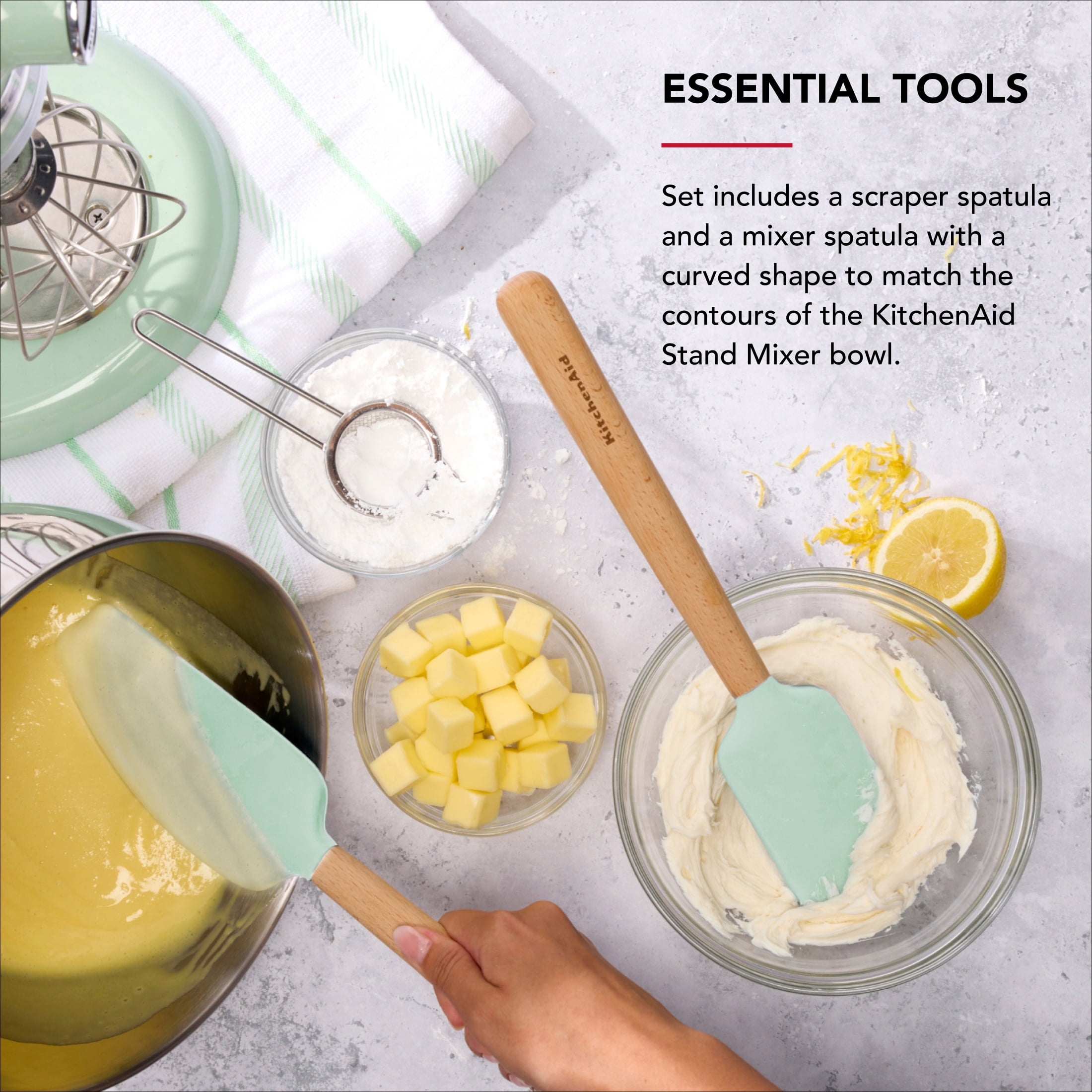 KitchenAid 2-Piece Silicone Mixing Spatula and Scraper Set for Cooking, Spearmint