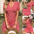 thumbnail image 4 of Women Puff Short Sleeve Sexy V-Neck Floral Print Ruffle Flare Mini Swing Dress, 4 of 12