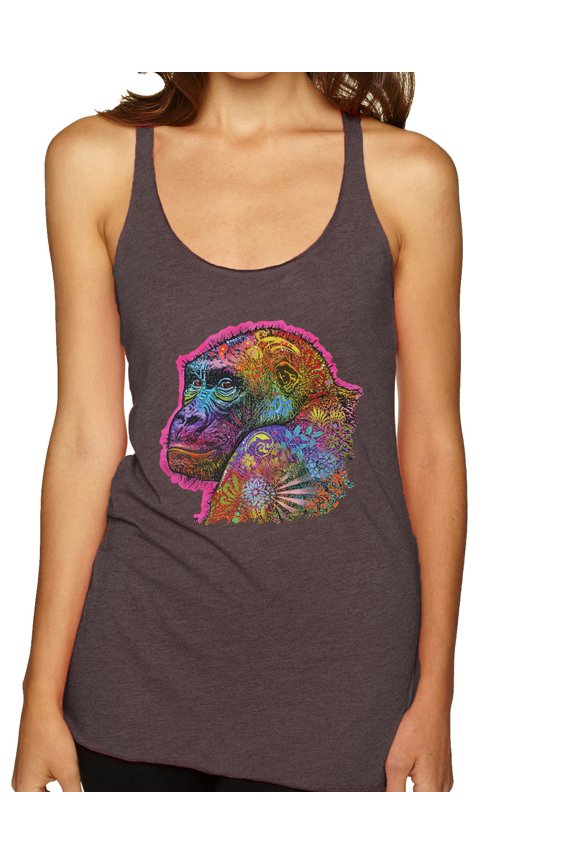Colorful Neon Gorilla | Dean Russo Art Animal Lover Tri-Blend Racerback Tank Top, Brown, X-Large
