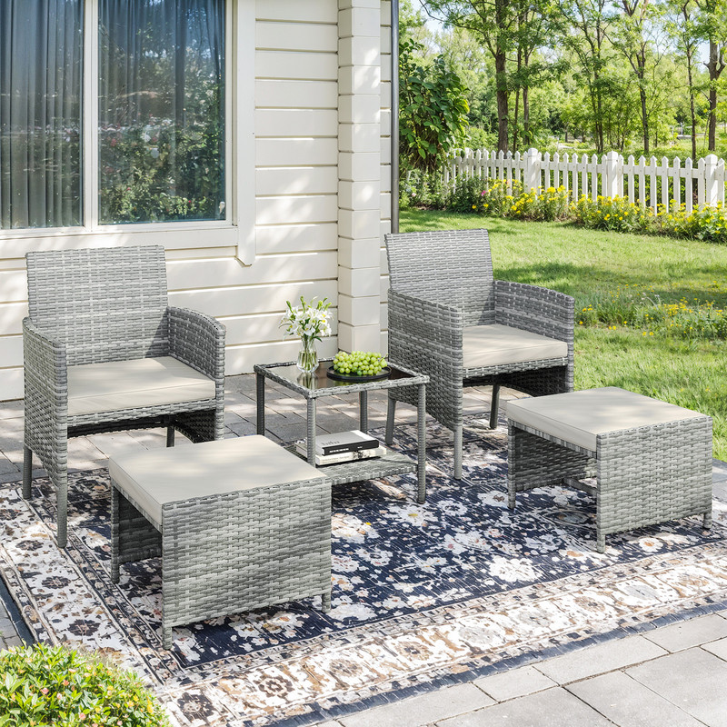 ELPOSUN 5 Piece Patio Furniture Set, Outdoor PE Wicker Chairs for Two with Ottoman Underneath,Beige