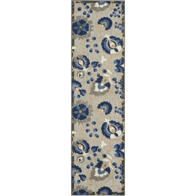 homeroots home decor 384855 2’ x 12’ Natural and Blue Indoor Outdoor Runner Rug