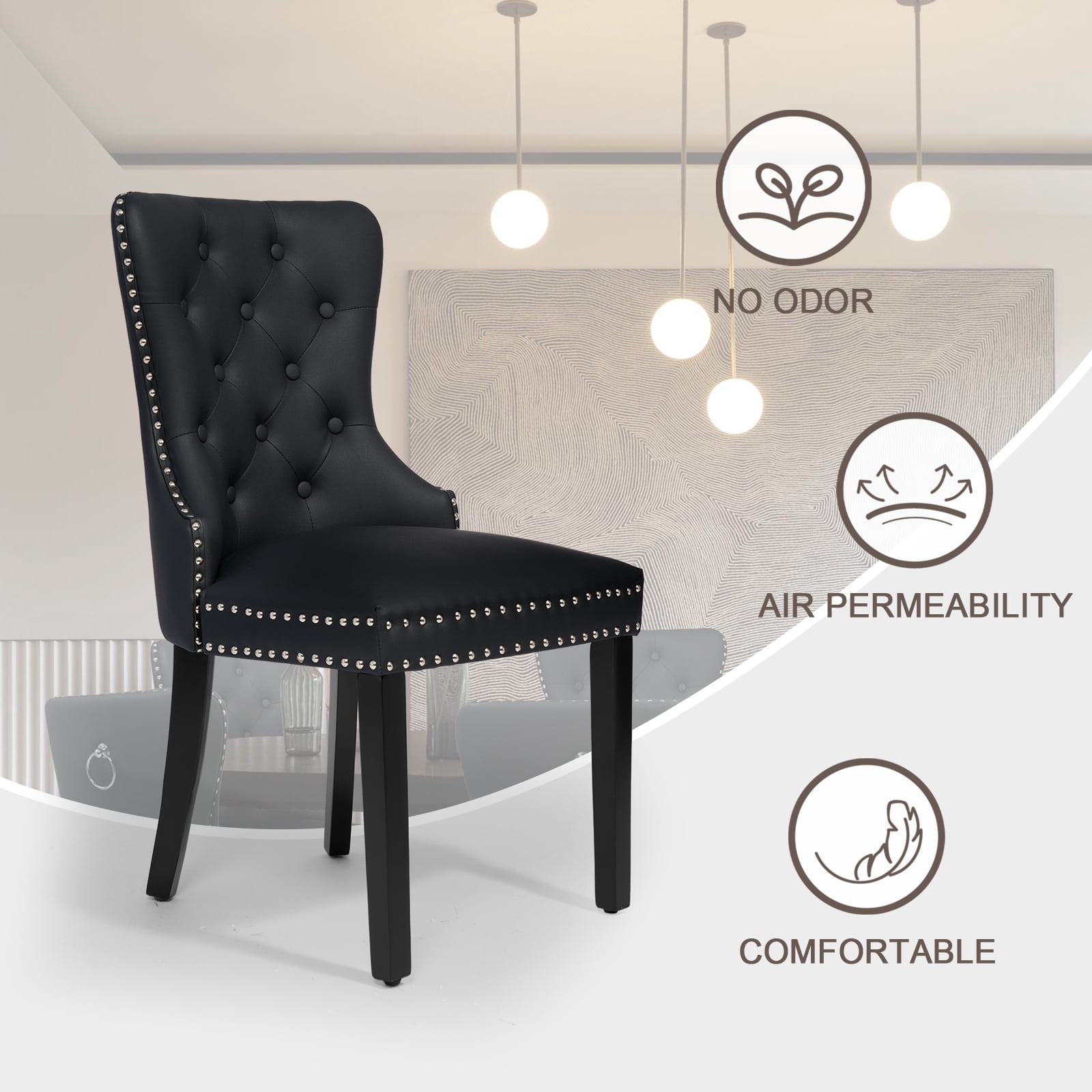 Foredo PU Leather Dining Chairs Set of 2, Tufted Upholstered Dining Room Chair with Pull Ring and Solid Wood Legs, Black