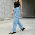 thumbnail image 7 of LEAVINGSUO Straight Leg Cargo Jeans Trousers for Women Fashion High Waisted Pockets Solid Color Button Zipper Casual Denim Pants Blue XXL, 7 of 7