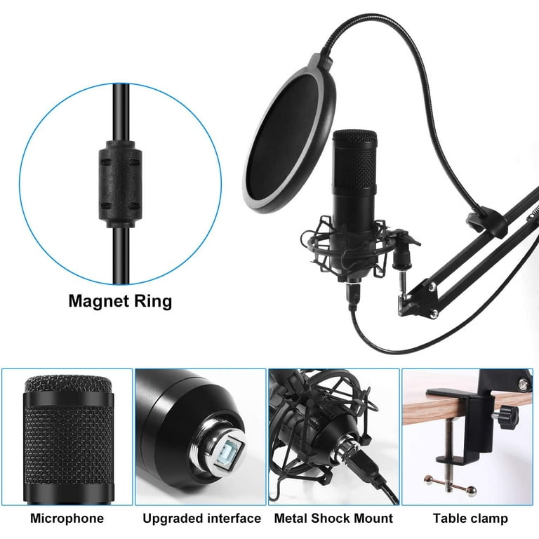 Pyle USB Microphone Podcast Recording Kit - Audio Cardioid Condenser Mic  w/Desktop Stand and Pop Filter - for Gaming PS4, Streaming, Podcasting