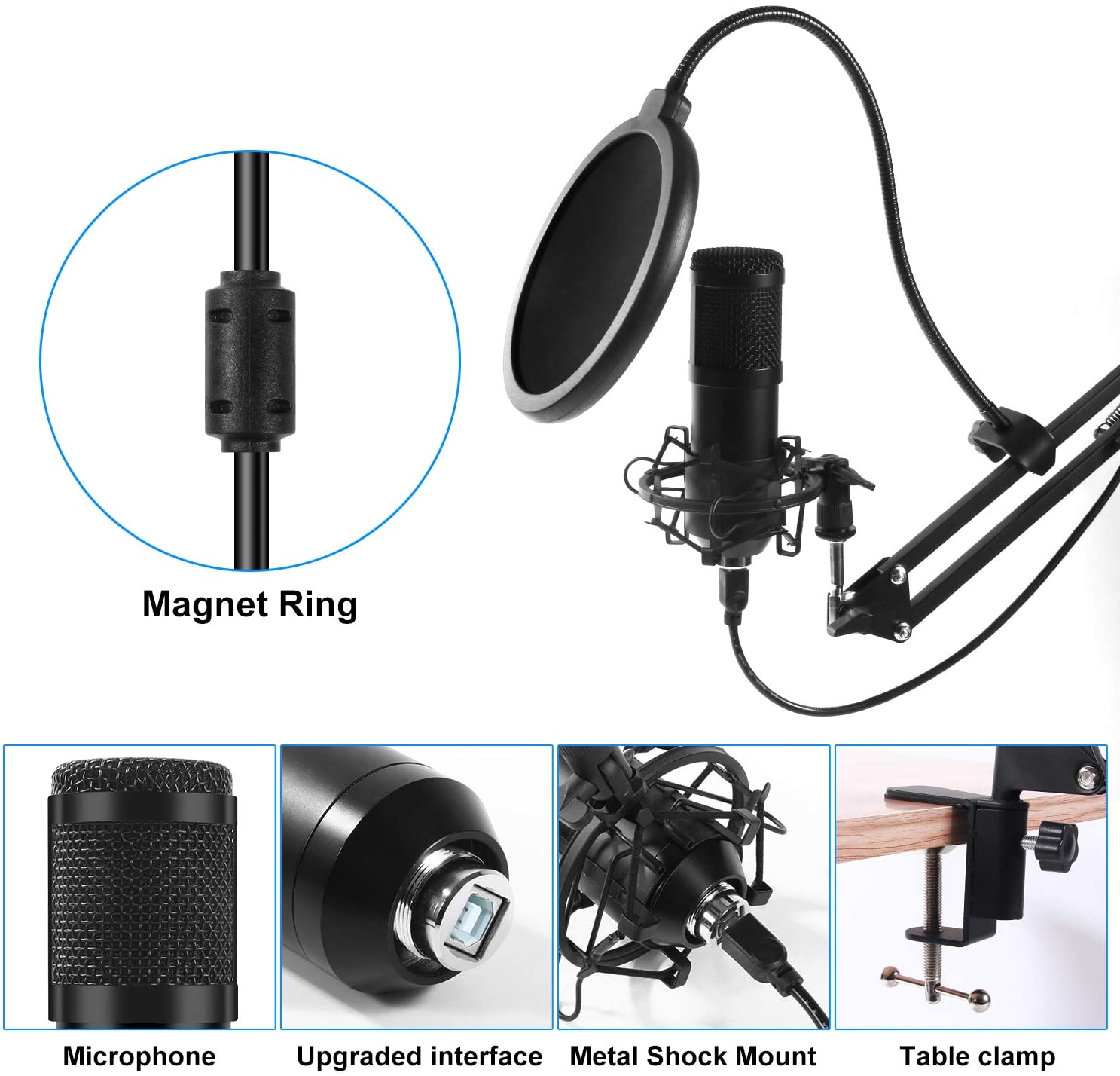 USB Condenser Microphone for Computer PC 192KHZ/24BIT Professional Cardioid Microphone Kit with Adjustable Scissor Arm Stand Shock Mount Pop Filter for Karaoke, YouTube, Gaming Recording - image 3 of 8