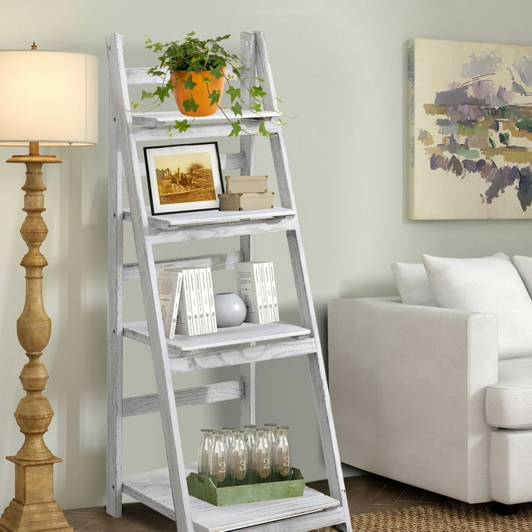 Hofitlead 4 Tier Wooden Ladder Shelf, Rustic Folding Bookcase